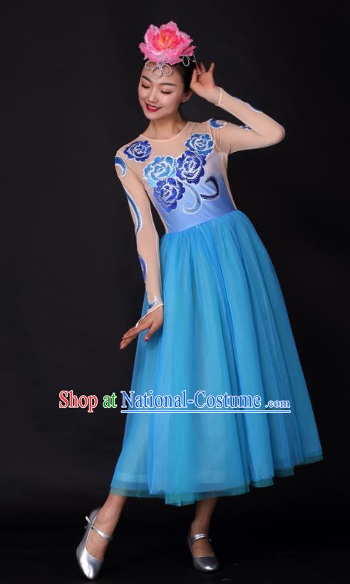 Professional Modern Dance Chorus Blue Dress Opening Dance Stage Performance Costume for Women