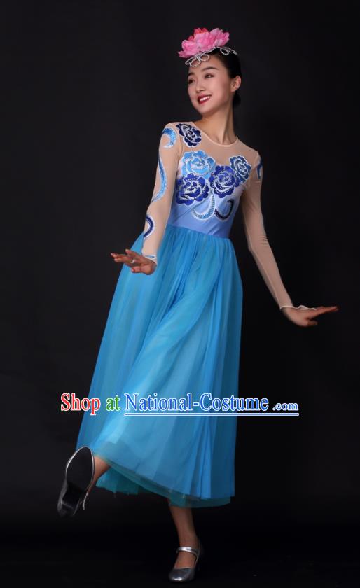 Professional Modern Dance Chorus Blue Dress Opening Dance Stage Performance Costume for Women