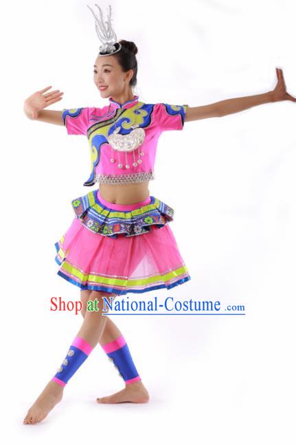 Chinese Miao Ethnic Dance Pink Short Dress Traditional Hmong Nationality Stage Performance Costume for Women