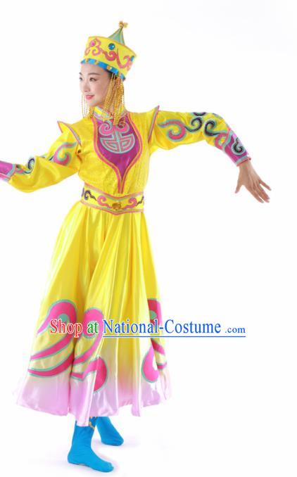 Chinese Mongolian Ethnic Dance Yellow Dress Traditional Mongol Nationality Stage Performance Costume for Women