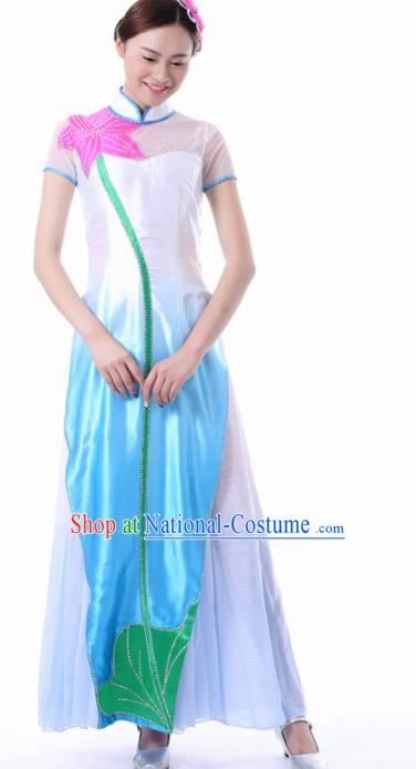 Chinese Classical Dance Blue Qipao Dress Traditional Fan Dance Stage Performance Costume for Women