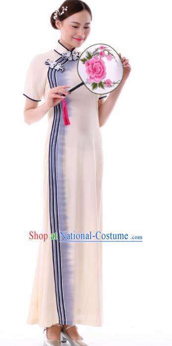 Chinese Fan Dance Beige Qipao Dress Traditional Classical Dance Stage Performance Costume for Women