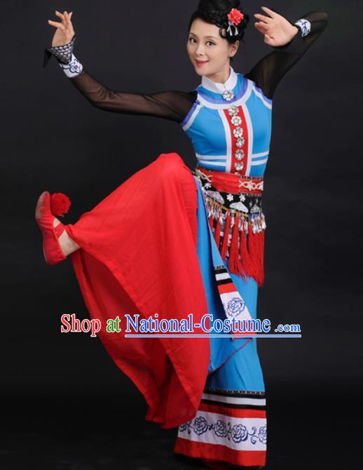 Chinese Tujia Ethnic Dance Blue Dress Traditional Yi Nationality Stage Performance Costume for Women