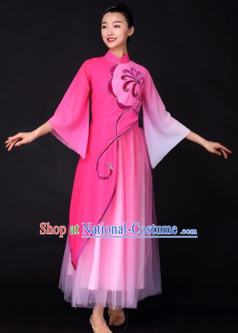 Chinese Traditional Classical Dance Rosy Veil Dress Umbrella Dance Stage Performance Costume for Women