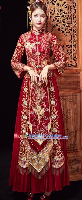 Chinese Traditional Purplish Red Xiuhe Suits Wedding Dress Ancient Bride Embroidered Costume for Women