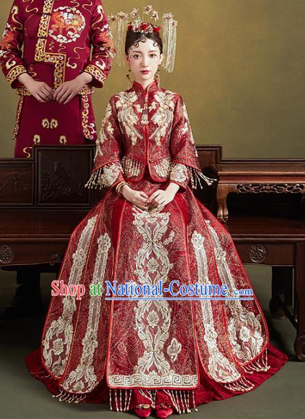 Chinese Traditional Embroidered Purplish Red Xiuhe Suits Wedding Dress Ancient Bride Costume for Women