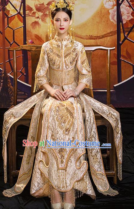 Chinese Traditional Embroidered Golden Xiuhe Suits Wedding Dress Ancient Bride Costume for Women