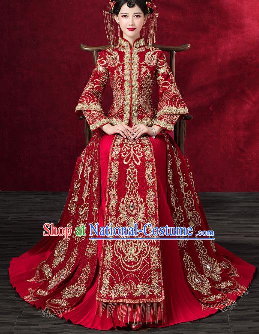 Chinese Traditional Embroidered Red Xiuhe Suits Wedding Dress Ancient Bride Costume for Women