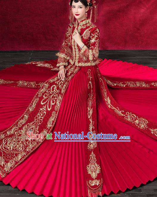 Chinese Traditional Embroidered Red Xiuhe Suits Wedding Dress Ancient Bride Costume for Women