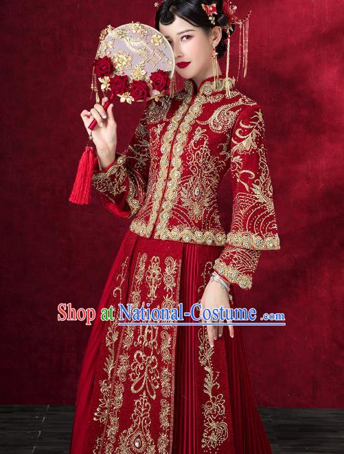 Chinese Traditional Embroidered Red Xiuhe Suits Wedding Dress Ancient Bride Costume for Women