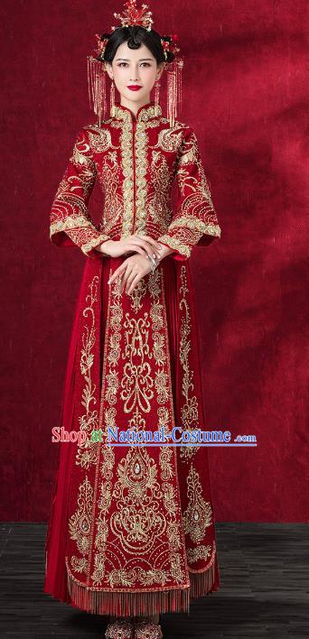 Chinese Traditional Embroidered Red Xiuhe Suits Wedding Dress Ancient Bride Costume for Women