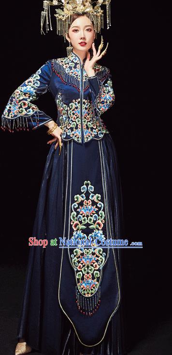 Chinese Traditional Embroidered Navy Xiuhe Suits Wedding Dress Ancient Bride Costume for Women