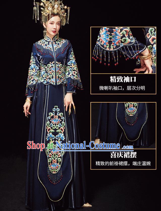 Chinese Traditional Embroidered Navy Xiuhe Suits Wedding Dress Ancient Bride Costume for Women