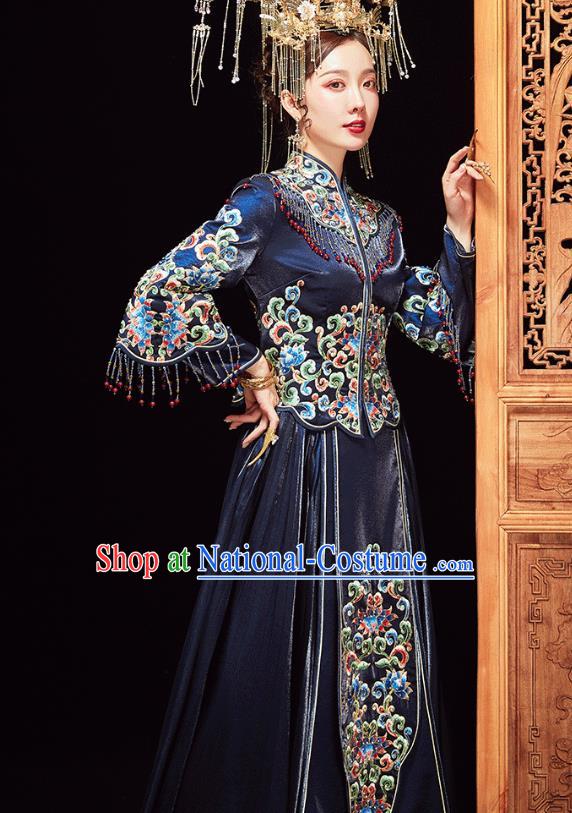 Chinese Traditional Embroidered Navy Xiuhe Suits Wedding Dress Ancient Bride Costume for Women