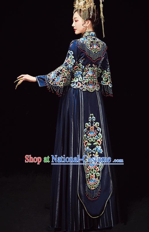 Chinese Traditional Embroidered Navy Xiuhe Suits Wedding Dress Ancient Bride Costume for Women