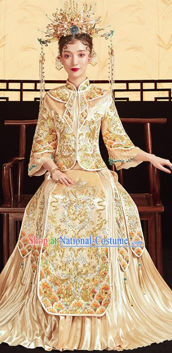 Chinese Traditional Embroidered Golden Xiuhe Suits Wedding Dress Ancient Bride Costume for Women