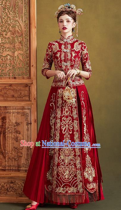 Chinese Traditional Embroidered Diamante Red Xiuhe Suits Wedding Dress Ancient Bride Costume for Women