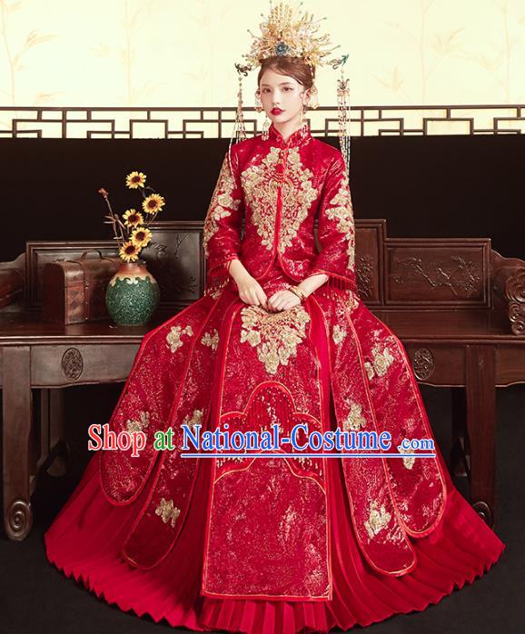 Chinese Traditional Embroidered Red Paillette Xiuhe Suits Wedding Dress Ancient Bride Costume for Women