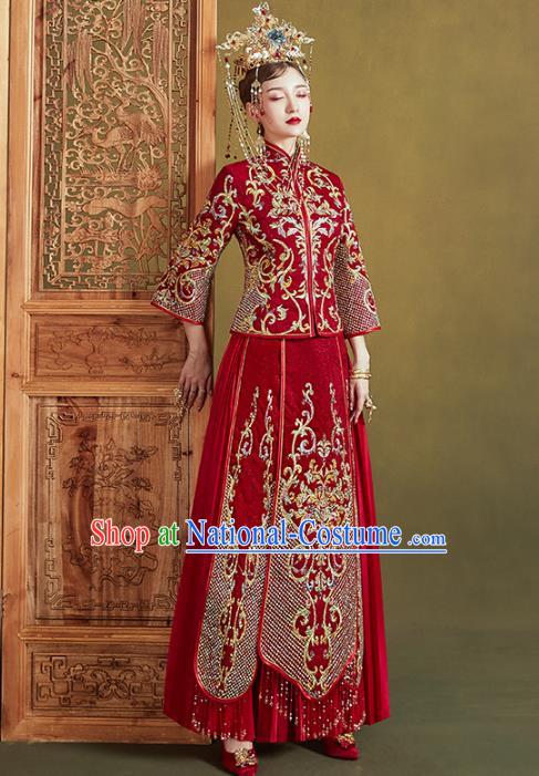 Chinese Traditional Embroidered Red Xiuhe Suits Wedding Dress Ancient Bride Costume for Women