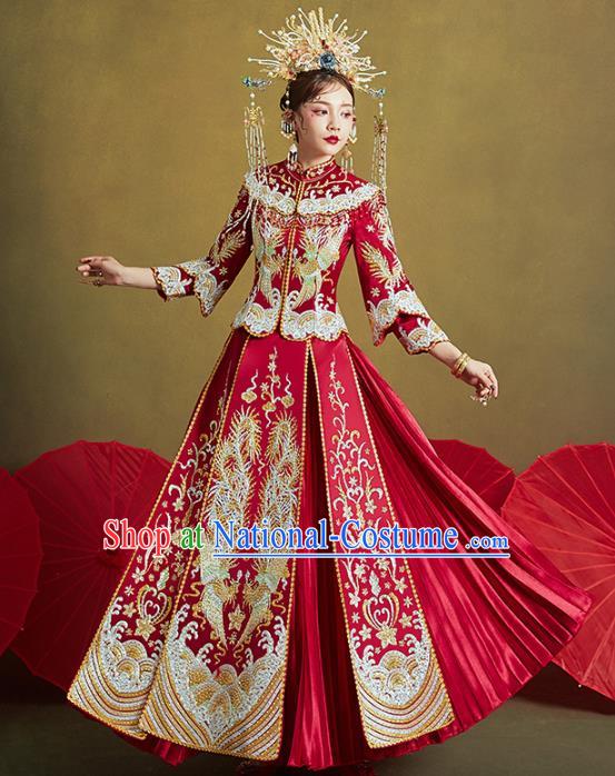 Chinese Traditional Embroidered Diamante Phoenix Red Xiuhe Suits Wedding Dress Ancient Bride Costume for Women