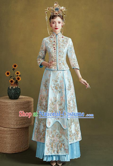 Chinese Traditional Embroidered Blue Xiuhe Suits Wedding Dress Ancient Bride Costume for Women