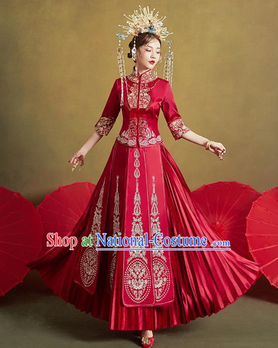 Chinese Traditional Embroidered Diamante Xiuhe Suits Wedding Dress Ancient Bride Costume for Women