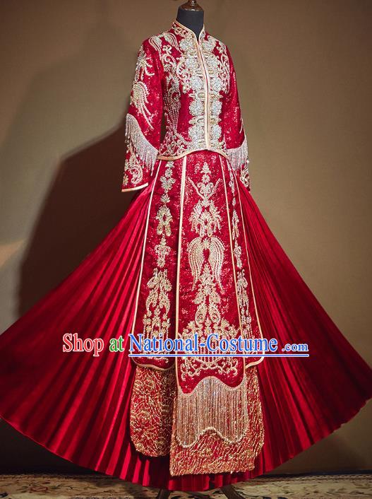 Chinese Traditional Embroidered Red Diamante Tassel Xiuhe Suits Wedding Dress Ancient Bride Costume for Women