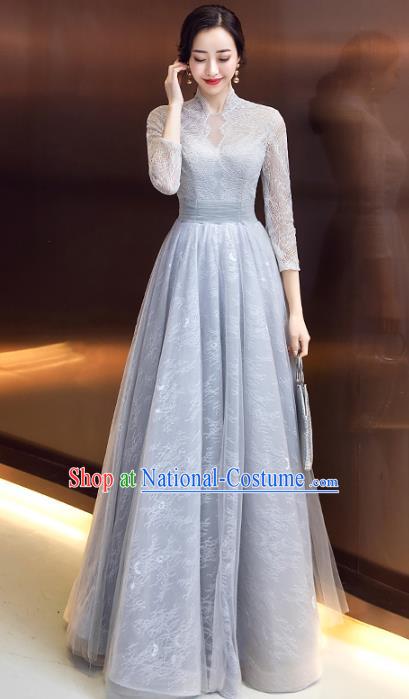 Professional Modern Dance Blue Lace Full Dress Compere Stage Performance Costume for Women