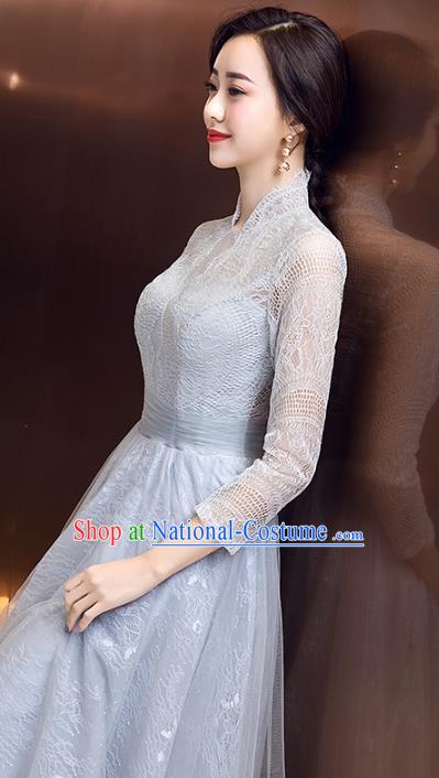 Professional Modern Dance Blue Lace Full Dress Compere Stage Performance Costume for Women