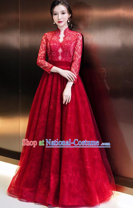 Professional Modern Dance Red Lace Full Dress Compere Stage Performance Costume for Women