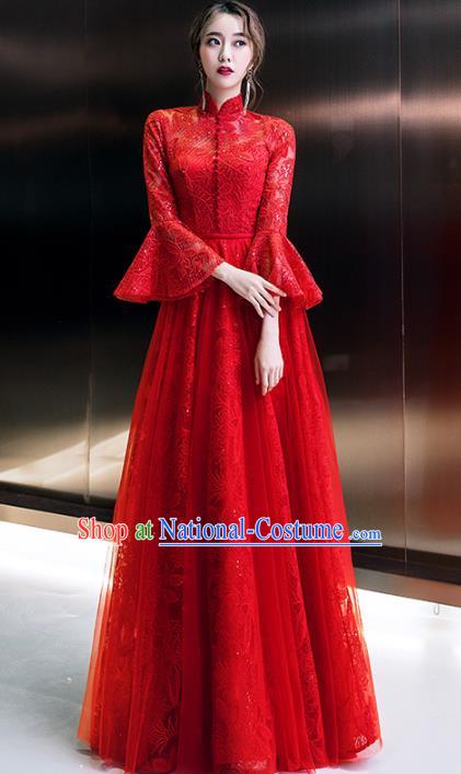 Professional Modern Dance Bride Red Lace Full Dress Compere Stage Performance Costume for Women