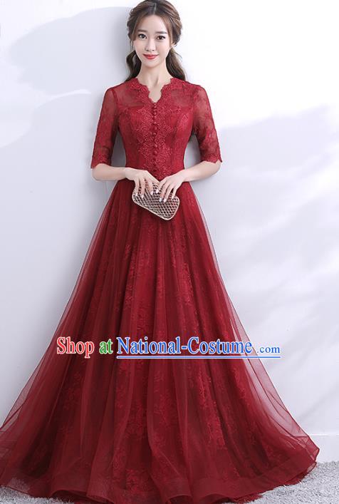 Professional Modern Dance Bride Wine Red Full Dress Compere Stage Performance Costume for Women