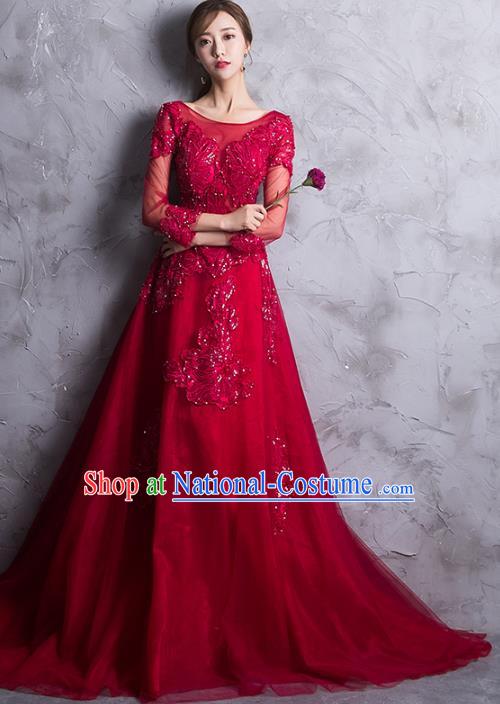 Professional Modern Dance Bride Red Trailing Full Dress Compere Stage Performance Costume for Women