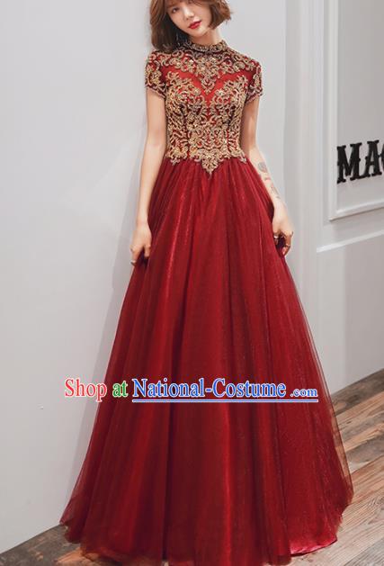 Professional Modern Dance Bride Embroidered Red Dress Compere Stage Performance Costume for Women