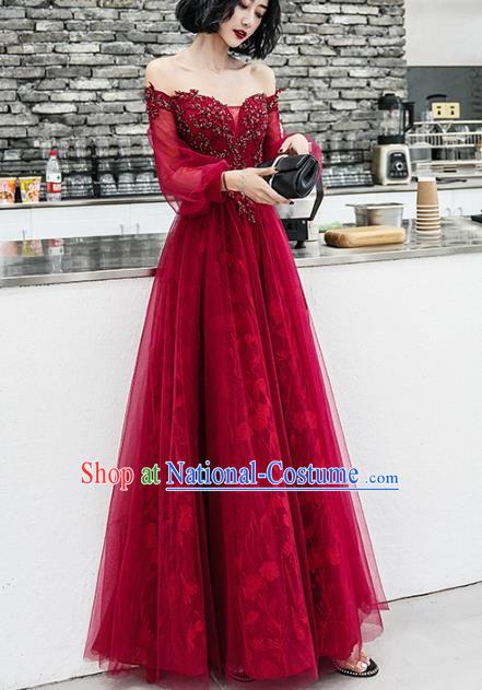 Professional Modern Dance Bride Wine Red Off Shoulder Full Dress Compere Stage Performance Costume for Women