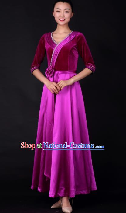 Professional Chorus Modern Dance Purple Velvet Dress Opening Dance Stage Performance Costume for Women