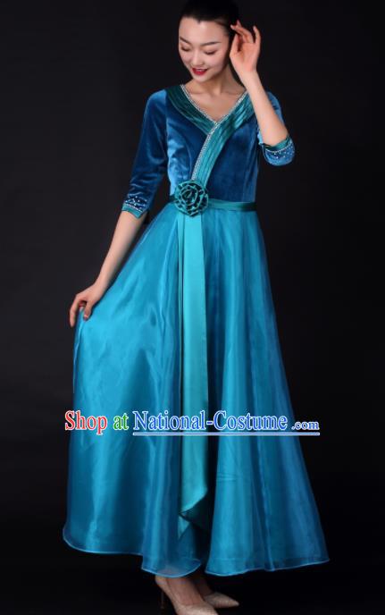 Professional Chorus Modern Dance Blue Velvet Dress Opening Dance Stage Performance Costume for Women