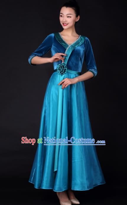 Professional Chorus Modern Dance Blue Velvet Dress Opening Dance Stage Performance Costume for Women