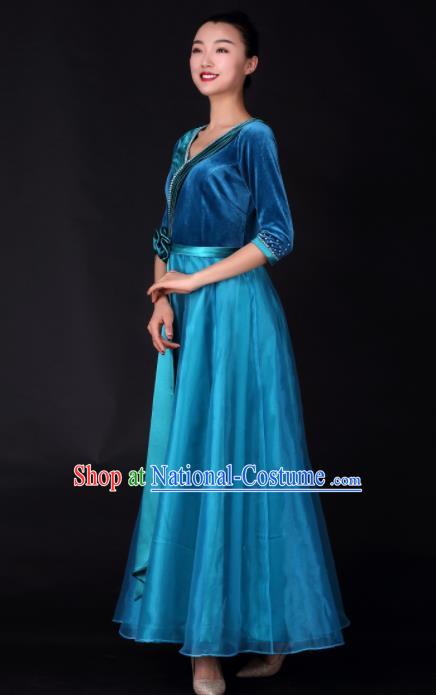 Professional Chorus Modern Dance Blue Velvet Dress Opening Dance Stage Performance Costume for Women