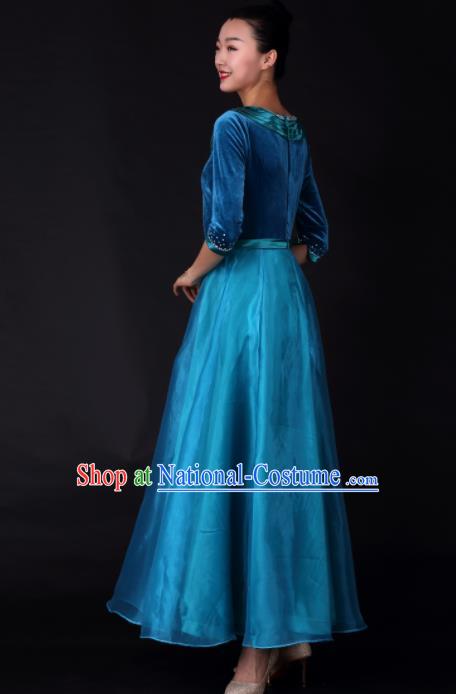 Professional Chorus Modern Dance Blue Velvet Dress Opening Dance Stage Performance Costume for Women