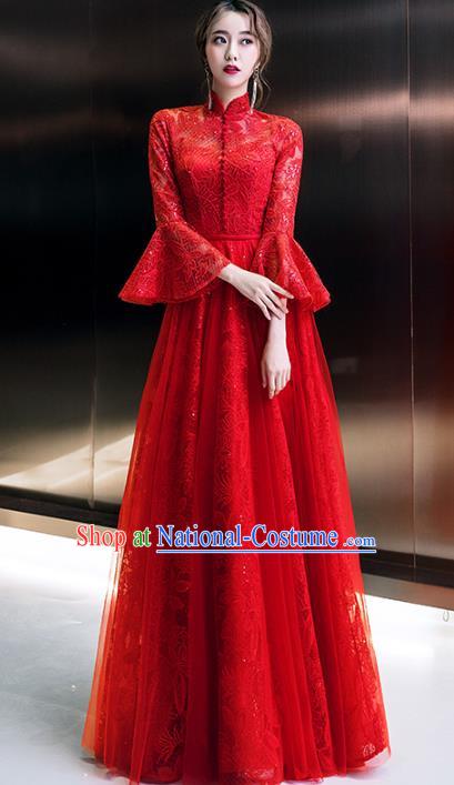 Professional Modern Dance Bride Red Lace Full Dress Compere Stage Performance Costume for Women