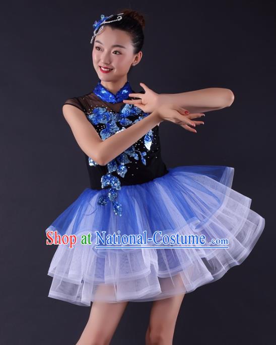 Professional Modern Dance Blue Short Dress Opening Dance Compere Stage Performance Costume for Women