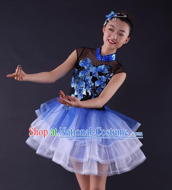 Professional Modern Dance Blue Short Dress Opening Dance Compere Stage Performance Costume for Women