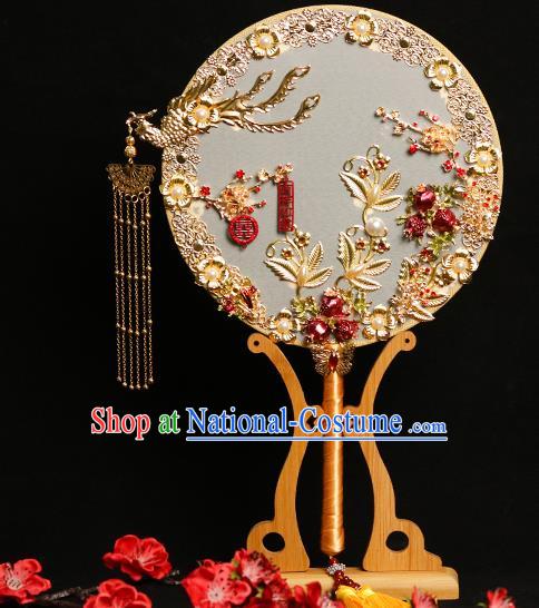 Chinese Traditional Hanfu Wedding Golden Phoenix Palace Fans Classical Round Fan for Women