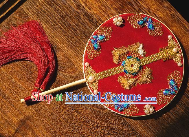 Chinese Traditional Hanfu Wedding Red Palace Fans Classical Round Fan for Women