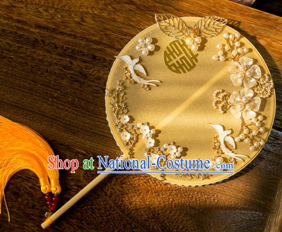 Chinese Traditional Hanfu Wedding Yellow Palace Fans Classical Round Fan for Women