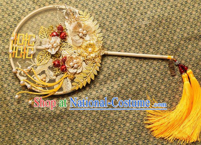 Chinese Traditional Hanfu Embroidered Flowers Yellow Palace Fans Classical Wedding Round Fan for Women