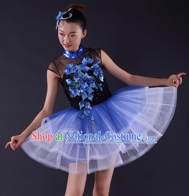 Professional Modern Dance Blue Short Dress Opening Dance Compere Stage Performance Costume for Women