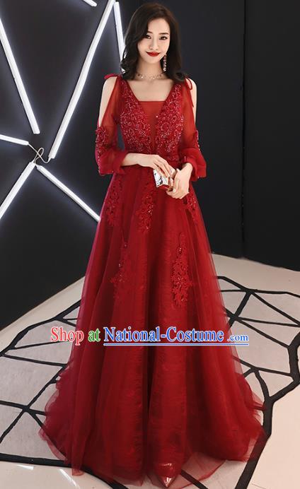 Professional Modern Dance Bride Wine Red Veil Full Dress Compere Stage Performance Costume for Women