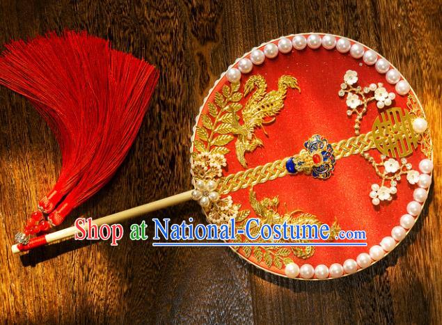 Chinese Traditional Hanfu Cloisonne Red Palace Fans Classical Wedding Round Fan for Women